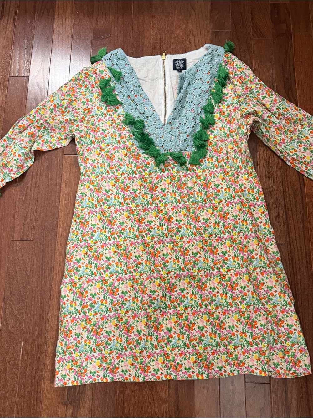 Elizabeth Wilson Design Floral Tassel V-Neck Tunic Dress in Green, Pink & Orange